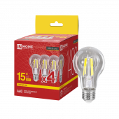 Лампа светодиодная LED-A60-deco 4PACK 15Вт 230В Е27 3000К 1480Лм (4шт./упак) прозрачная IN HOME, Светодиодные Лампы	