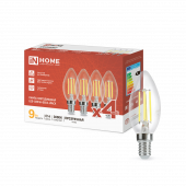 Лампа светодиодная LED-СВЕЧА-deco 4PACK 9Вт 230В Е14 3000К 1040Лм (4шт./упак) прозрачная IN HOME, Лампы светодиодные филамент	