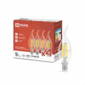 Лампа светодиодная LED-СВЕЧА НА ВЕТРУ-deco 4PACK 9Вт 230В Е14 4000К 1040Лм (4шт./упак) прозрачная IN HOME, Лампы светодиодные филамент	