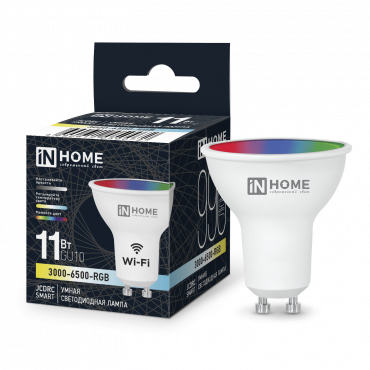 Купить лампа светодиодная led-jcdrc-rgbw-smart 11вт 230в wi-fi gu10 rgb-3000-6500к 990лм in home от  Лампа светодиодная LED-JCDRC-RGBW-SMART 11Вт 230В Wi-Fi GU10 RGB-3000-6500К 990Лм IN HOME, Лампы светодиодные умные
