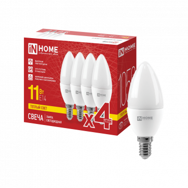 Лампа светодиодная LED-СВЕЧА-VC 4PACK 11Вт 230В Е14 3000К 1050Лм (4шт./упак) IN HOME, Лампы светодиодные бытовые	