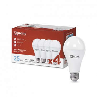 Купить Лампа светодиодная LED-A65-VC 4PACK 25Вт 230В Е27 6500К 2380Лм (4шт./упак) IN HOME в интернет-магазине по цене  Лампа светодиодная LED-A65-VC 4PACK 25Вт 230В Е27 6500К 2380Лм (4шт./упак) IN HOME, Лампы светодиодные бытовые