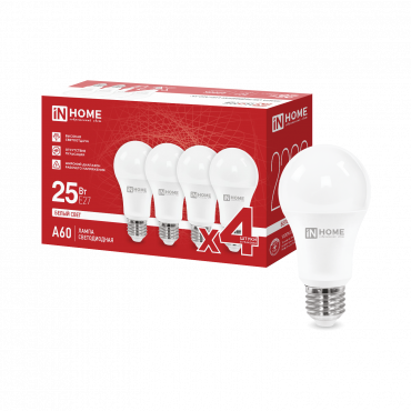 Купить Лампа светодиодная LED-A60-VC 4PACK 25Вт 230В Е27 4000К 2380Лм (4шт./упак) IN HOME в интернет-магазине по цене  Лампа светодиодная LED-A60-VC 4PACK 25Вт 230В Е27 4000К 2380Лм (4шт./упак) IN HOME, Лампы светодиодные бытовые