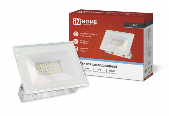 Прожектор светодиодный СДО-7 30Вт 230В 6500К IP65 белый IN HOME, Светильники уличные коммерческие	