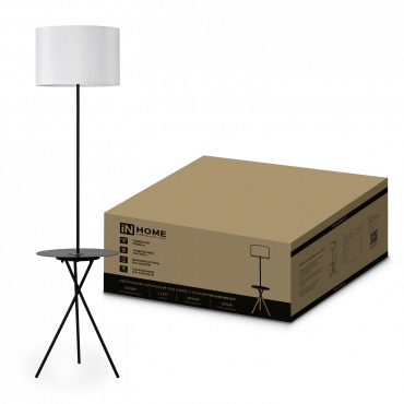 Светильник напольный под лампу ТНО 04П-Е27-WB 230В полка, белый абажур, черная тренога IN HOME, Напольные светильники	