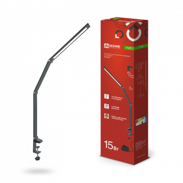 Светильник настольный светодиодный PLUS ССС-02Ч 15Вт 3000-6500К 600Лм USB, с адаптером, струбцина ЧЕРНЫЙ IN HOME, Светильники настольные светодиодные	