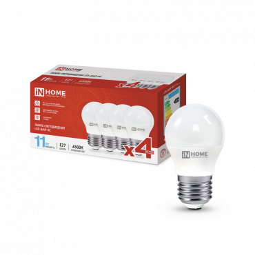 Купить Лампа светодиодная LED-ШАР-VC 4PACK 11Вт 230В Е27 6500К 1050Лм (4шт./упак) IN HOME в интернет-магазине по цене  Лампа светодиодная LED-ШАР-VC 4PACK 11Вт 230В Е27 6500К 1050Лм (4шт./упак) IN HOME, Лампы светодиодные бытовые