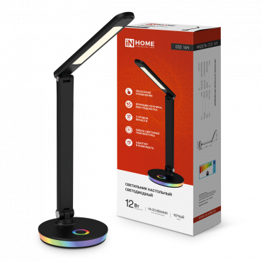 Светильник настольный светодиодный PLUS ССО-16Ч 12Вт 600Лм RGB, сенсор, USB разъем, адаптер ЧЕРНЫЙ IN HOME, Светильники настольные светодиодные	