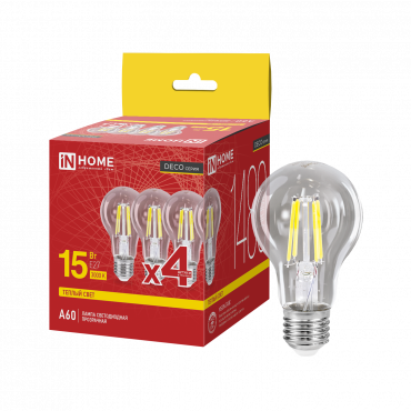 Лампа светодиодная LED-A60-deco 4PACK 15Вт 230В Е27 3000К 1480Лм (4шт./упак) прозрачная IN HOME, Светодиодные Лампы	
