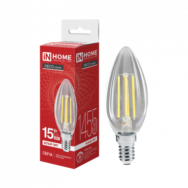 Лампа светодиодная LED-СВЕЧА-deco 15Вт 230В Е14 4000К 1455Лм прозрачная IN HOME купить с доставкой по низкой цене от  Лампа светодиодная LED-СВЕЧА-deco 15Вт 230В Е14 4000К 1455Лм прозрачная IN HOME, Лампы светодиодные филамент