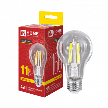 Лампа светодиодная LED-A60-deco 11Вт 230В Е27 3000К 1160Лм прозрачная IN HOME купить с доставкой по низкой цене от  Лампа светодиодная LED-A60-deco 11Вт 230В Е27 3000К 1160Лм прозрачная IN HOME, Лампы светодиодные филамент