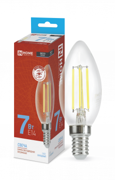 Лампа светодиодная LED-СВЕЧА-deco 7Вт 230В Е14 6500К 810Лм прозрачная IN HOME купить с доставкой по низкой цене от  Лампа светодиодная LED-СВЕЧА-deco 7Вт 230В Е14 6500К 810Лм прозрачная IN HOME, Лампы светодиодные филамент