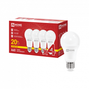 Купить Лампа светодиодная LED-A60-VC 4PACK 20Вт 230В Е27 3000К 1900Лм (4шт./упак) IN HOME в интернет-магазине по цене  Лампа светодиодная LED-A60-VC 4PACK 20Вт 230В Е27 3000К 1900Лм (4шт./упак) IN HOME, Лампы светодиодные бытовые