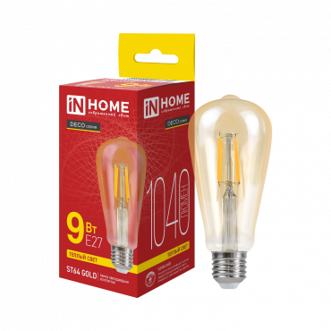 Лампа светодиодная LED-ST64-deco gold 9Вт 230В Е27 3000К 1040Лм золотистая IN HOME купить с доставкой по низкой цене от  Лампа светодиодная LED-ST64-deco gold 9Вт 230В Е27 3000К 1040Лм золотистая IN HOME, Лампы светодиодные филамент