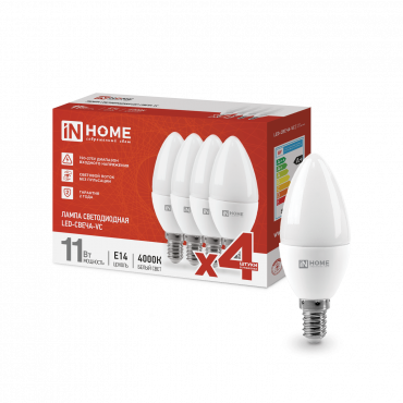Купить Лампа светодиодная LED-СВЕЧА-VC 4PACK 11Вт 230В Е14 4000К 1050Лм (4шт./упак) IN HOME в интернет-магазине по цене  Лампа светодиодная LED-СВЕЧА-VC 4PACK 11Вт 230В Е14 4000К 1050Лм (4шт./упак) IN HOME, Лампы светодиодные бытовые