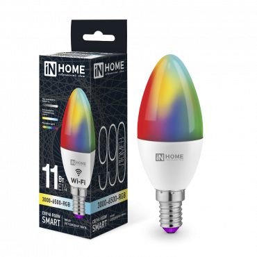 Купить лампа светодиодная led-свеча-rgbw-smart 11вт 230в wi-fi е14 rgb-3000-6500к 990лм in home от  Лампа светодиодная LED-СВЕЧА-RGBW-SMART 11Вт 230В Wi-Fi Е14 RGB-3000-6500К 990Лм IN HOME, Лампы светодиодные умные