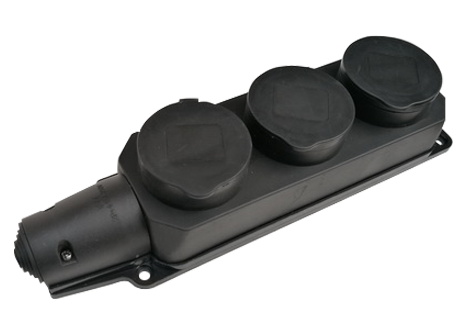 Розетка тройная с заземлением каучук с заглушками 16А IP44 черная 9323 IN HOME, Каучуковые разъемы	