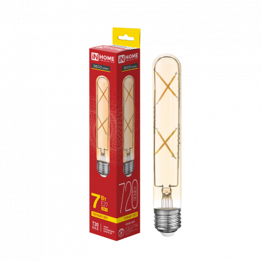 Лампа светодиодная LED-T30-deco gold 7Вт 230В Е27 3000К 720Лм 185мм золотистая IN HOME купить с доставкой по низкой цене от  Лампа светодиодная LED-T30-deco gold 7Вт 230В Е27 3000К 720Лм 185мм золотистая IN HOME, Лампы светодиодные филамент