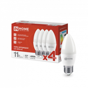 Купить Лампа светодиодная LED-СВЕЧА-VC 4PACK 11Вт 230В Е27 4000К 1050Лм (4шт./упак) IN HOME в интернет-магазине по цене  Лампа светодиодная LED-СВЕЧА-VC 4PACK 11Вт 230В Е27 4000К 1050Лм (4шт./упак) IN HOME, Лампы светодиодные бытовые