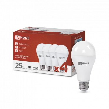 Купить Лампа светодиодная LED-A65-VC 4PACK 25Вт 230В Е27 4000К 2380Лм (4шт./упак) IN HOME в интернет-магазине по цене  Лампа светодиодная LED-A65-VC 4PACK 25Вт 230В Е27 4000К 2380Лм (4шт./упак) IN HOME, Лампы светодиодные бытовые