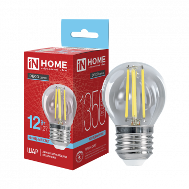 Купить лампа светодиодная led-шар-deco 12вт 230в е27 6500к 1350лм прозрачная in home от  Лампа светодиодная LED-ШАР-deco 12Вт 230В Е27 6500К 1350Лм прозрачная IN HOME, Светодиодные Лампы