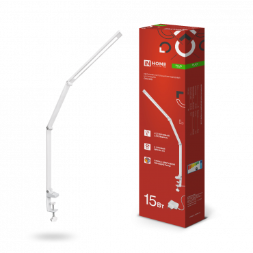 Светильник настольный светодиодный PLUS ССС-02Б 15Вт 3000-6500К 600Лм USB, с адаптером, струбцина БЕЛЫЙ IN HOME, Светильники настольные светодиодные	