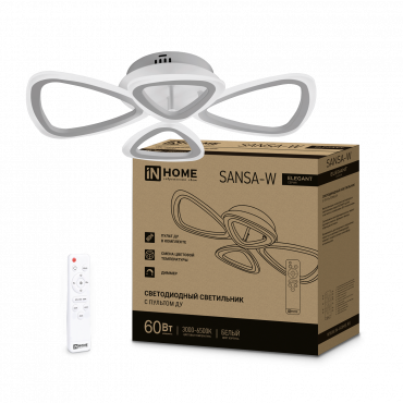 Светильник светодиодный ELEGANT SANSA-W 60Вт 230В 3000-6500K 4700Лм 600х400х75мм c пультом ДУ белый IN HOME, Светильники декоративные	