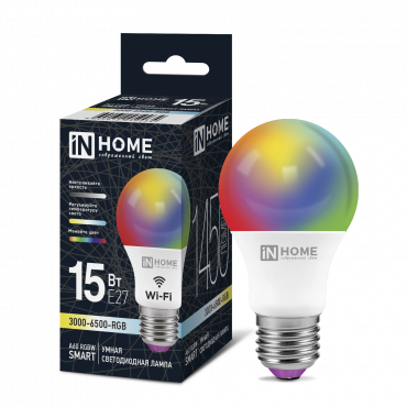 Купить лампа светодиодная led-a60-rgbw-smart 15вт 230в wi-fi е27 rgb-3000-6500к 1450лм in home от  Лампа светодиодная LED-A60-RGBW-SMART 15Вт 230В Wi-Fi Е27 RGB-3000-6500К 1450Лм IN HOME, Лампы светодиодные умные