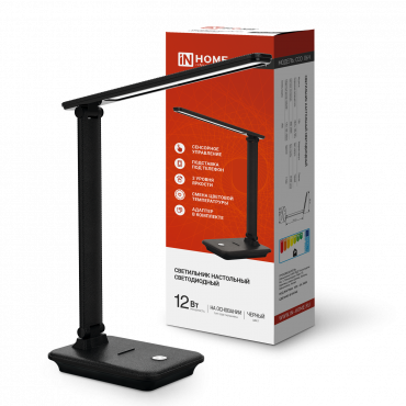 Светильник настольный светодиодный SIMPLE ССО-06Ч 12Вт 600Лм сенсор, с подставкой под телефон, адаптер ЧЕРНЫЙ IN HOME, Светильники настольные светодиодные	