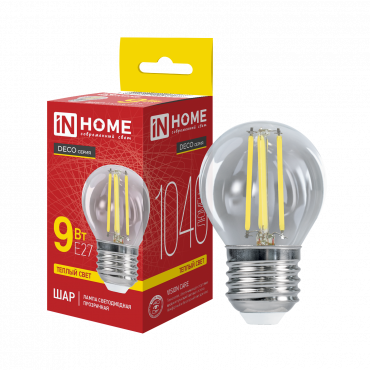 Лампа светодиодная LED-ШАР-deco 9Вт 230В 230В Е27 3000К 1040Лм прозрачная IN HOME купить с доставкой по низкой цене от  Лампа светодиодная LED-ШАР-deco 9Вт 230В 230В Е27 3000К 1040Лм прозрачная IN HOME, Лампы светодиодные филамент