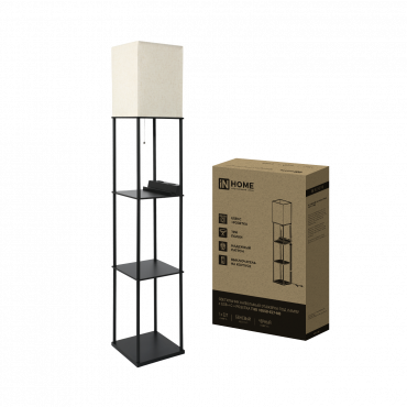 Светильник напольный этажерка ТНО 10USB-Е27-NB USB-C розетка, бежевый абажур, черный корпус IN HOME, Напольные светильники	