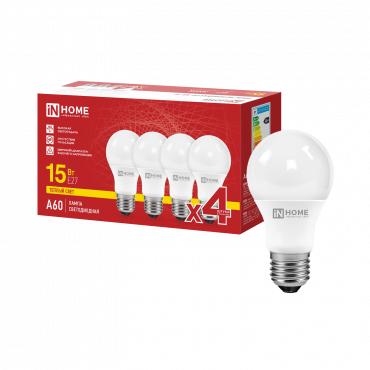 Купить Лампа светодиодная LED-A60-VC 4PACK 15Вт 230В Е27 3000К 1430Лм (4шт./упак) IN HOME в интернет-магазине по цене  Лампа светодиодная LED-A60-VC 4PACK 15Вт 230В Е27 3000К 1430Лм (4шт./упак) IN HOME, Лампы светодиодные бытовые