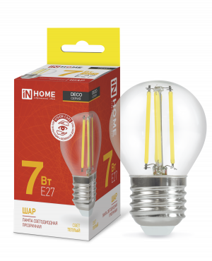 Лампа светодиодная LED-ШАР-deco 7Вт 230В Е27 3000К 810Лм прозрачная IN HOME купить с доставкой по низкой цене от  Лампа светодиодная LED-ШАР-deco 7Вт 230В Е27 3000К 810Лм прозрачная IN HOME, Лампы светодиодные филамент