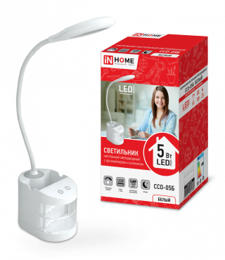 Светильник настольный светодиодный ССО-05Б 5Вт сенсор-диммер с органайзером USB БЕЛЫЙ IN HOME, Настольные светильники	