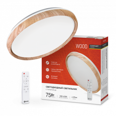 Светильник светодиодный COMFORT WOOD 75Вт 230В 3000-6500K 6000Лм 490x115мм с пультом ДУ IN HOME, Светильники декоративные светодиодные	