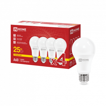 Купить Лампа светодиодная LED-A60-VC 4PACK 25Вт 230В Е27 3000К 2380Лм (4шт./упак) IN HOME в интернет-магазине по цене  Лампа светодиодная LED-A60-VC 4PACK 25Вт 230В Е27 3000К 2380Лм (4шт./упак) IN HOME, Лампы светодиодные бытовые