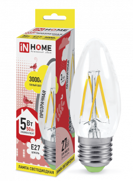 Лампа светодиодная LED-СВЕЧА-deco 5Вт 230В Е27 3000К 450Лм прозрачная IN HOME купить с доставкой по низкой цене от  Лампа светодиодная LED-СВЕЧА-deco 5Вт 230В Е27 3000К 450Лм прозрачная IN HOME, Лампы светодиодные филамент