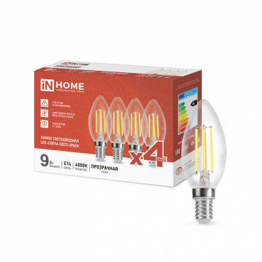 Лампа светодиодная LED-СВЕЧА-deco 4PACK 9Вт 230В Е14 4000К 1040Лм (4шт./упак) прозрачная IN HOME купить с доставкой по низкой цене от  Лампа светодиодная LED-СВЕЧА-deco 4PACK 9Вт 230В Е14 4000К 1040Лм (4шт./упак) прозрачная IN HOME, Лампы светодиодные филамент