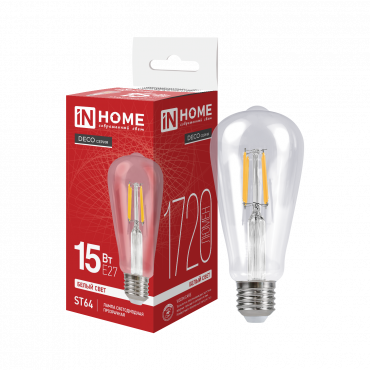 Лампа светодиодная LED-ST64-deco 15Вт 230В Е27 4000К 1720Лм прозрачная IN HOME купить с доставкой по низкой цене от  Лампа светодиодная LED-ST64-deco 15Вт 230В Е27 4000К 1720Лм прозрачная IN HOME, Лампы светодиодные филамент