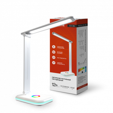 Светильник настольный светодиодный PLUS ССО-20Б 12Вт 3000-6500К 640Лм RGB-подсветка, сенсор, с адаптером БЕЛЫЙ IN HOME, Светильники настольные светодиодные	