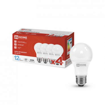 Купить Лампа светодиодная LED-A60-VC 4PACK 12Вт 230В Е27 6500К 1140Лм (4шт./упак) IN HOME в интернет-магазине по цене  Лампа светодиодная LED-A60-VC 4PACK 12Вт 230В Е27 6500К 1140Лм (4шт./упак) IN HOME, Лампы светодиодные бытовые