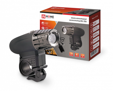 Фонарь велосипедный аккумуляторный BL 03А 3W LED 300Lm 4 режима с з/у 220В ЧЕРНЫЙ IN HOME, Фонари	