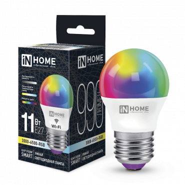 Купить лампа светодиодная led-шар-rgbw-smart 11вт 230в wi-fi е27 rgb-3000-6500к 990лм in home от  Лампа светодиодная LED-ШАР-RGBW-SMART 11Вт 230В Wi-Fi Е27 RGB-3000-6500К 990Лм IN HOME, Лампы светодиодные умные