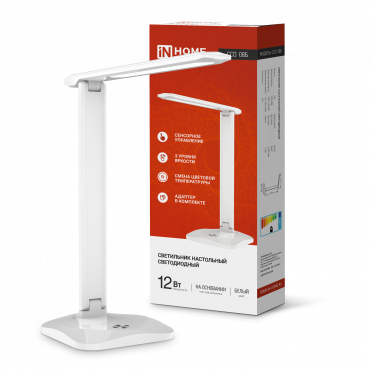 Светильник настольный светодиодный SIMPLE ССО-08Б 12Вт 600Лм сенсор, адаптер БЕЛЫЙ IN HOME, Светильники настольные светодиодные	