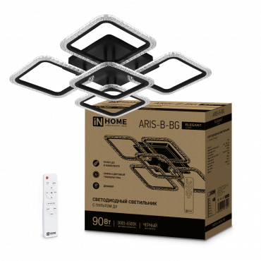 Светильник светодиодный ELEGANT ARIS-B-ВG 90Вт 230В 3000-6500K 7000Лм 557х557х115мм пульт ДУ черный IN HOME, Светильники декоративные светодиодные	