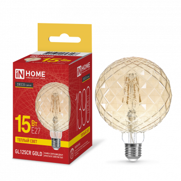 Лампа светодиодная LED-GL125CR-deco gold 15Вт 230В E27 3000K 1390Лм 125мм кристалл золотистая IN HOME купить с доставкой по низкой цене от  Лампа светодиодная LED-GL125CR-deco gold 15Вт 230В E27 3000K 1390Лм 125мм кристалл золотистая IN HOME, Лампы светодиодные филамент
