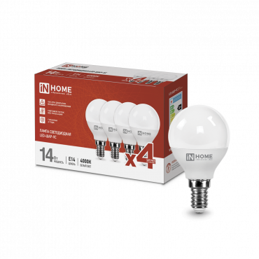Купить Лампа светодиодная LED-ШАР-VC 4PACK 14Вт 230В Е14 4000К 1330Лм (4шт./упак) IN HOME в интернет-магазине по цене  Лампа светодиодная LED-ШАР-VC 4PACK 14Вт 230В Е14 4000К 1330Лм (4шт./упак) IN HOME, Лампы светодиодные бытовые
