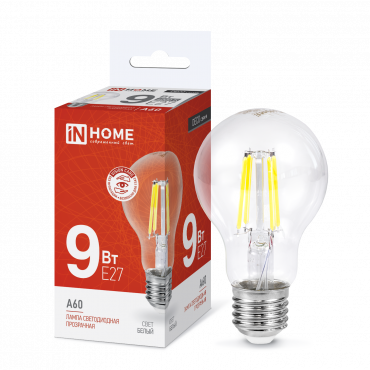 Лампа светодиодная LED-A60-deco 9Вт 230В Е27 4000К 1040Лм прозрачная IN HOME купить с доставкой по низкой цене от  Лампа светодиодная LED-A60-deco 9Вт 230В Е27 4000К 1040Лм прозрачная IN HOME, Лампы светодиодные филамент