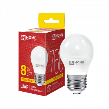 Купить Лампа светодиодная LED-ШАР-VC 8Вт 230В Е27 3000К 760Лм IN HOME в интернет-магазине по цене  Лампа светодиодная LED-ШАР-VC 8Вт 230В Е27 3000К 760Лм IN HOME, Лампы светодиодные бытовые