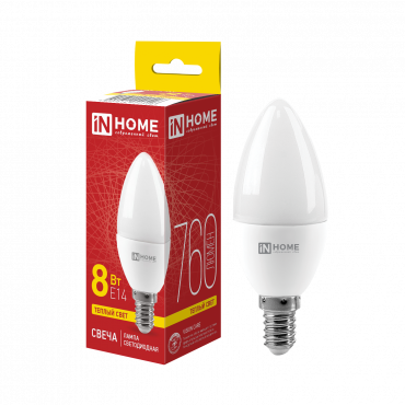 Купить Лампа светодиодная LED-СВЕЧА-VC 8Вт 230В Е14 3000К 760Лм IN HOME в интернет-магазине по цене  Лампа светодиодная LED-СВЕЧА-VC 8Вт 230В Е14 3000К 760Лм IN HOME, Лампы светодиодные бытовые